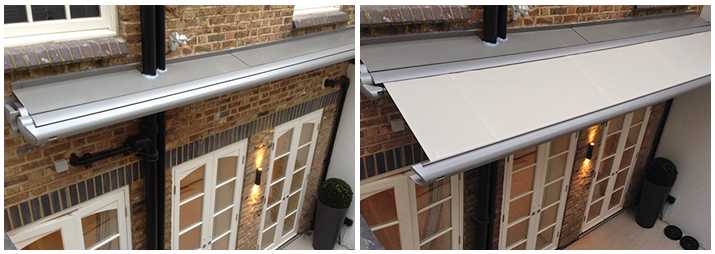 Retractable awning with awning brackets for downpipes