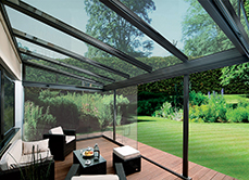 Glass roof canopy with open doors for ventilation
