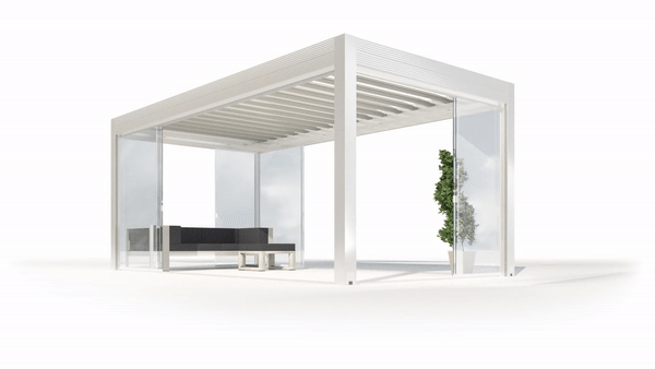 Louvred roof system with sliding glass doors for rain protection 