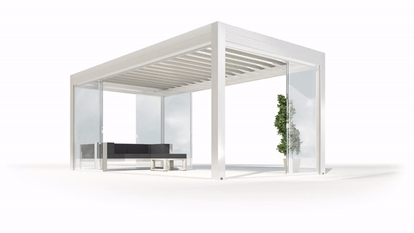 Louvred roof with adjustable sides for sun protection