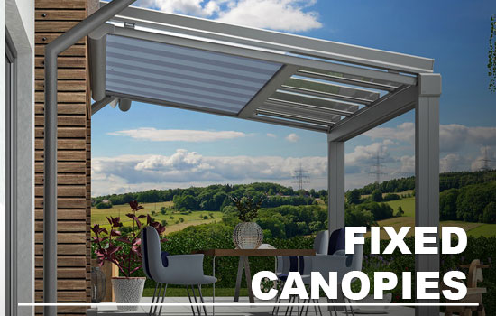 Fixed canopy structures for terrace and patio use