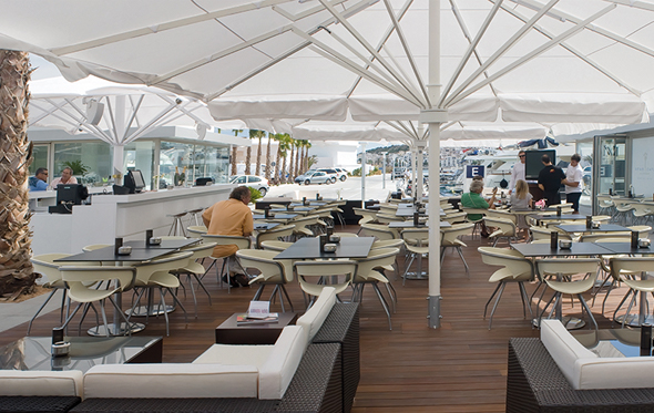 May Albatros umbrella covering cafe outdoor seating area