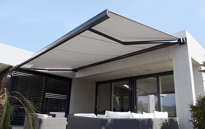 Grey retractable awning