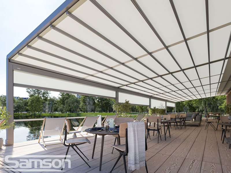 Multiple Commercial Markilux Pergola Stretch Retractable Roof Sytems with Valances