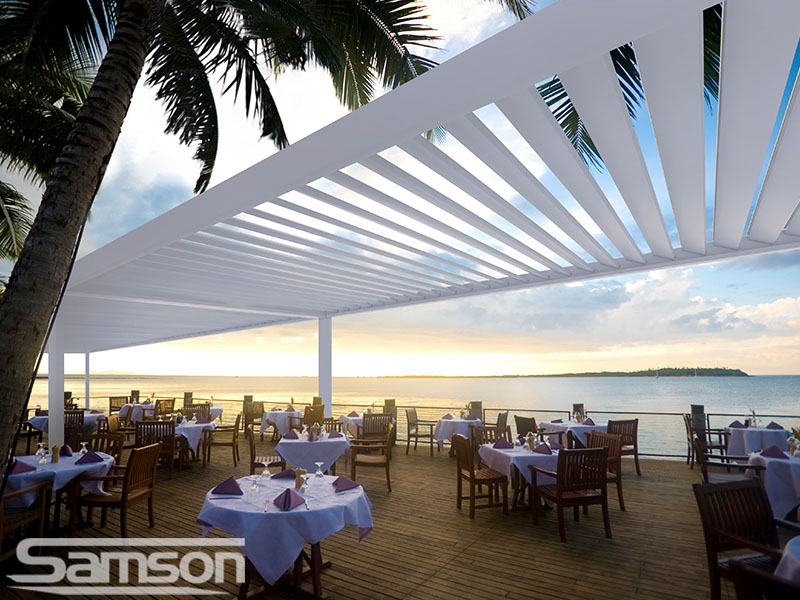White Commercial Louvered Roof over restaurant