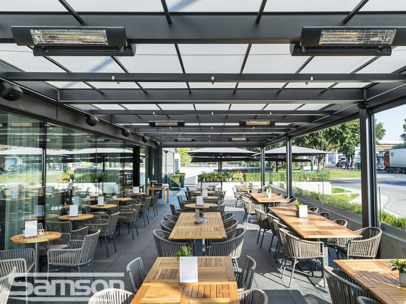 Markilux Markant with Heaters and LED Lighting over Restaurant Area