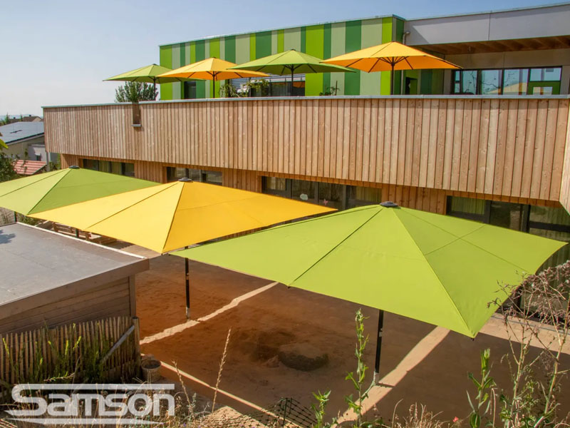 Square Schattello Parasols in Yellow and Green