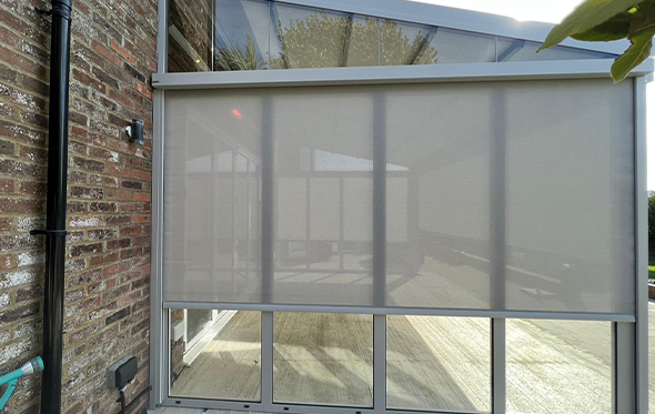 Weinor Pergotex, with Vertical Blinds, Fixed Glass Side Walls