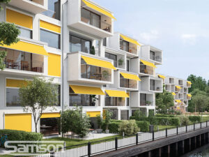 Commercial Markilux drop-arm cassette awnings