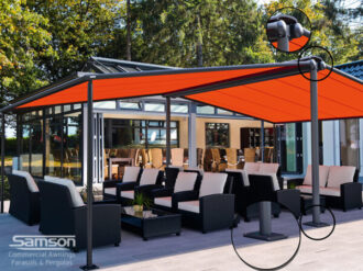 Red Syncra  over outdoor seating area