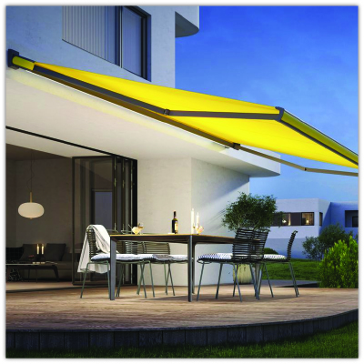 Yellow MX3 awning over decked area