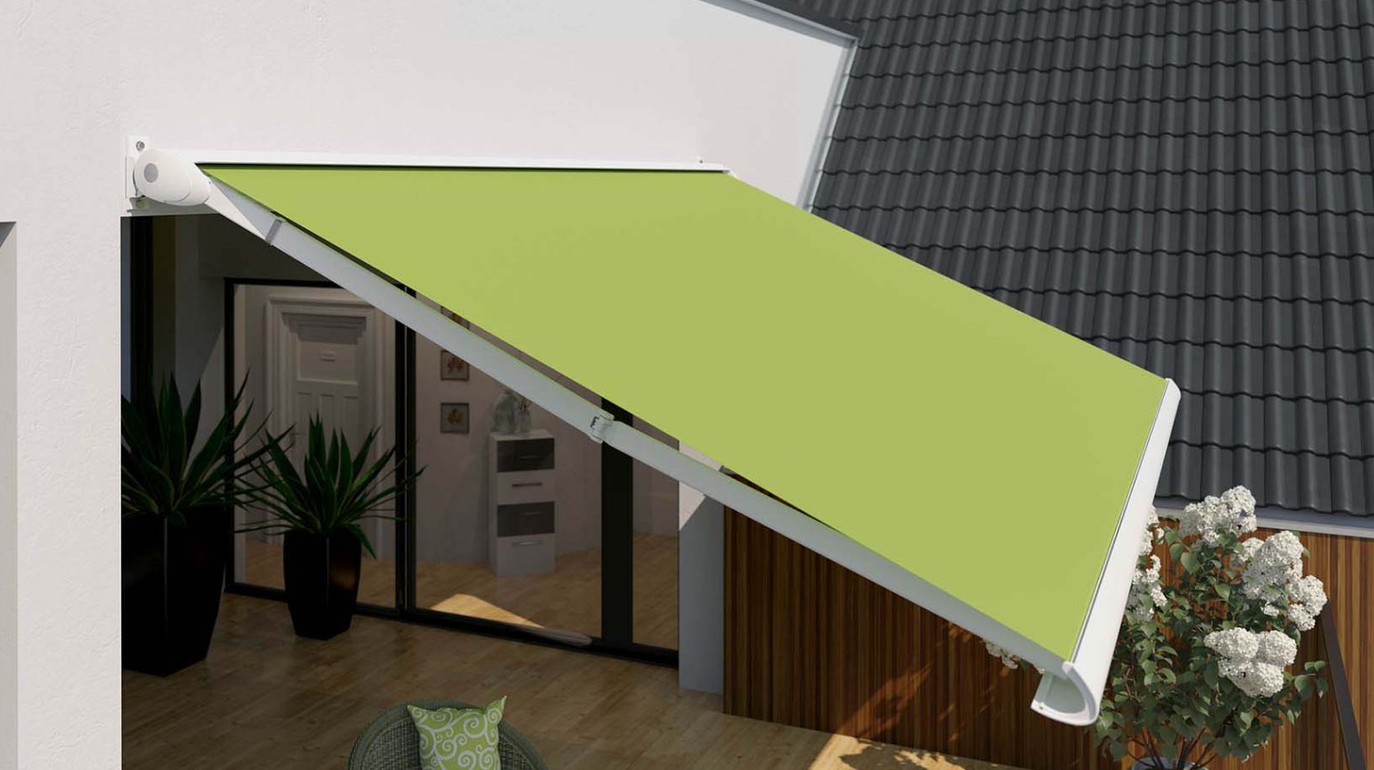 Green Markilux MX-3 awning shading outdoor café area