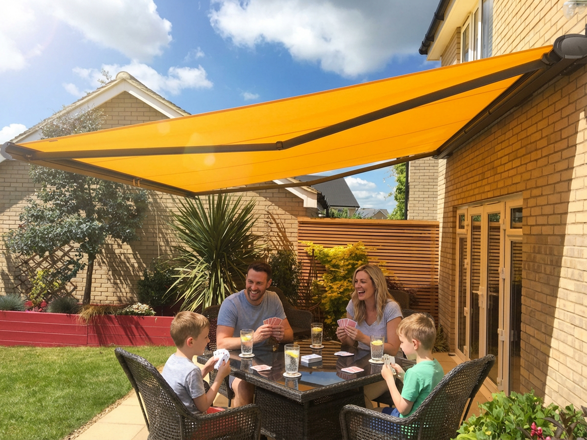Family enjoying a retractable awning