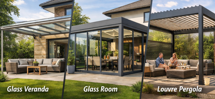 glass veranda vs glass room vs louvre pergola comparison