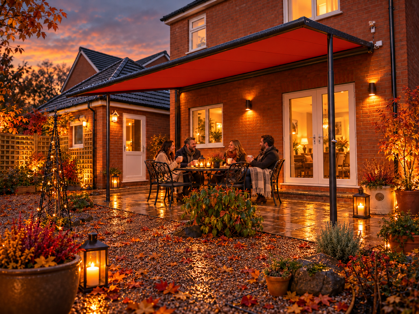 Retractable fabric pergola covering a patio