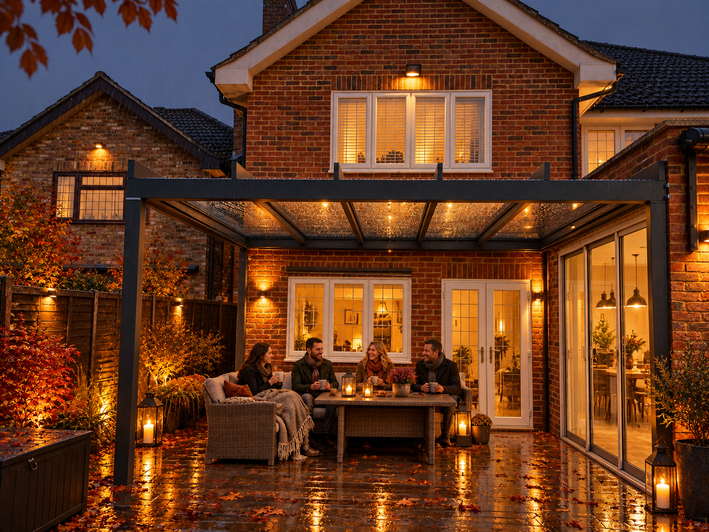 Glass patio roof attached to a house